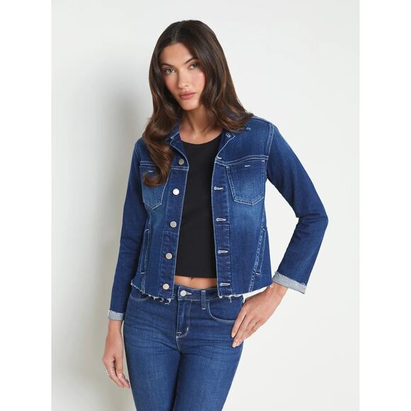 L’AGENCE Janelle Stretch Denim Jacket Slim Fit Raw Edge Medium Wash - Picture 1 of 15